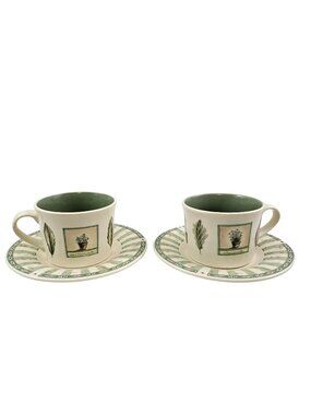 VTG Pfaltzgraff Naturewood Herb Graphic Ceramic Flat Cup and Saucer 4 Piece Set